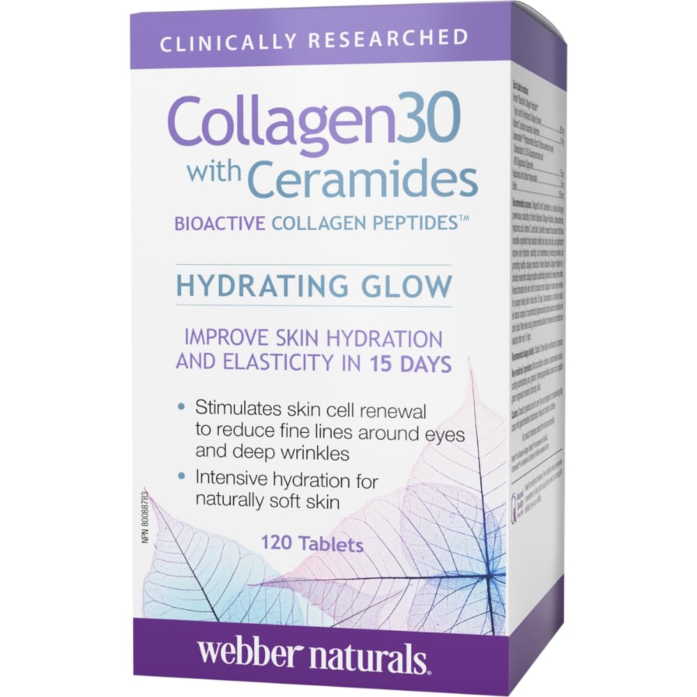 Webber Naturals Collagen30 with Ceramides, Bioactive Collagen Peptides, 120 Tablets, Hydrating Glow, Helps Improve Skin Hydration, Elasticity & Smoothness - Available at All In One Marketplace Canada