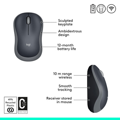Logitech M185 Wireless Mouse, 2.4GHz with USB Mini Receiver, 12-Month Battery Life, 1000 DPI Optical Tracking, Ambidextrous, Compatible with PC, Mac, Laptop - Swift Grey - Available at All In One Marketplace Canada