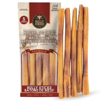Bully Bunches Premium (12" Standard - 5 Pack) Odour-Free, Consistently Sized Bully Sticks for Medium Dogs - Long Lasting Oral Care Chews - All Natural Single Ingredient, Beef Dog Treat, No Rawhide