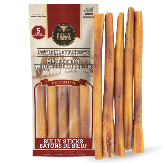 Bully Bunches Premium (12" Standard - 5 Pack) Odour-Free, Consistently Sized Bully Sticks for Medium Dogs - Long Lasting Oral Care Chews - All Natural Single Ingredient, Beef Dog Treat, No Rawhide