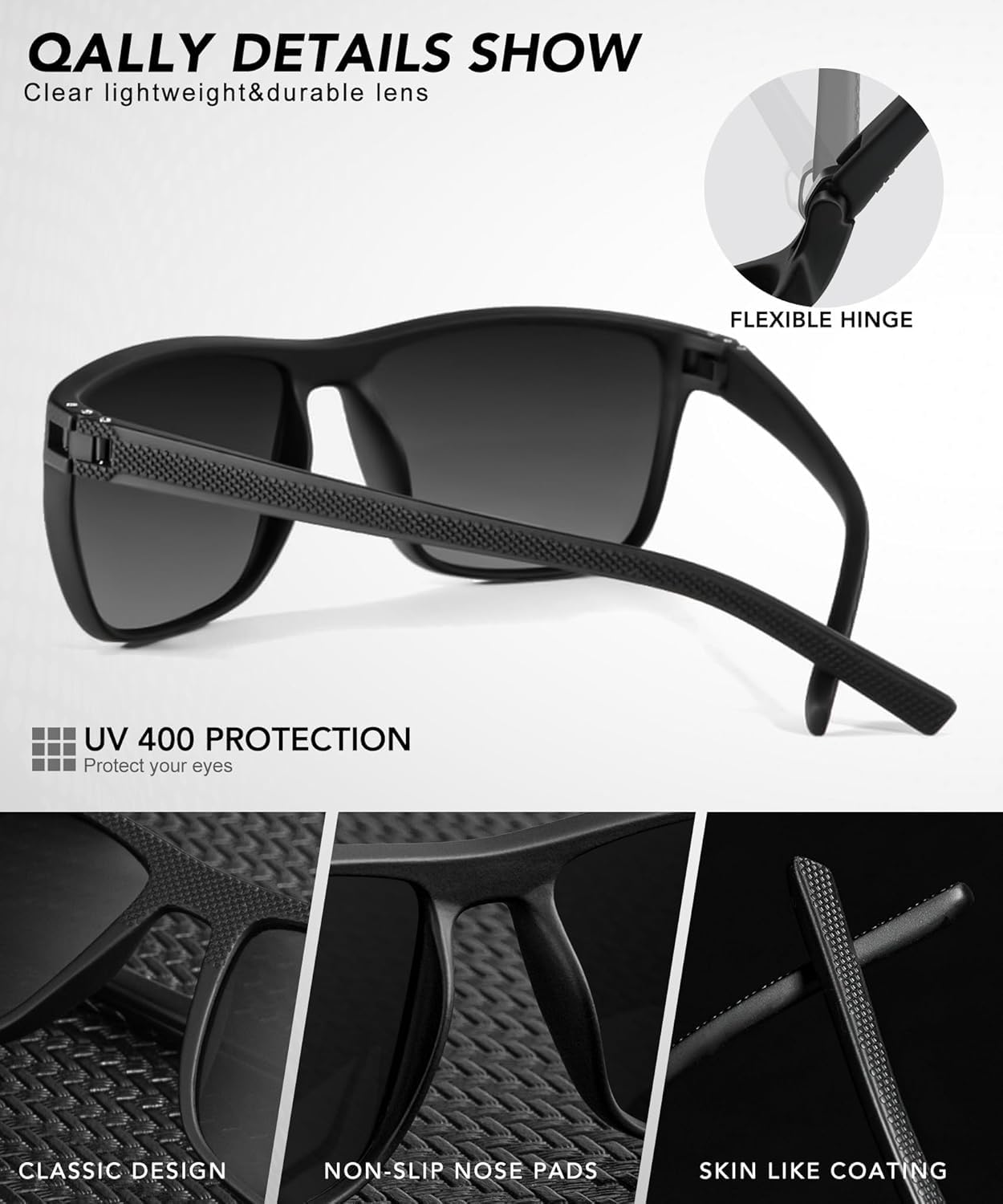 QALLY Polarized Sunglasses Men Lightweight Square Mens Sun Glasses for Driving Sports with UV400 Protection, Black/Dark Green/Tawny - Available at All In One Marketplace Canada