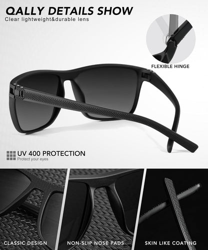 QALLY Polarized Sunglasses Men Lightweight Square Mens Sun Glasses for Driving Sports with UV400 Protection, Black/Dark Green/Tawny - Available at All In One Marketplace Canada