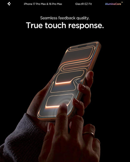 Spigen AluminaCore Tempered Glass Screen Protector [Glas.tR EZ Fit] designed for iPhone 17 Pro Max | iPhone 16 Pro Max [2 Pack] 9H+ Hardness, Aluminum-Enhanced Durability - Available at All In One Marketplace Canada