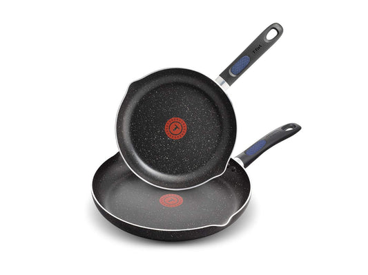 T-FAL, Signature, Non Stick Non Toxic Pots and Pan Set, 24cm (10 in)/ 30cm (12 in), Stone Effect Cookware Set, Thermo Spot Heat Indicator, Metal Utensil Safe,Black, Oven-Safe up to 175˚C/350˚F