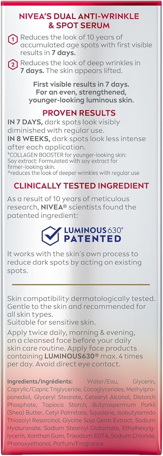 NIVEA LUMINOUS630 Anti-Wrinkle & Spot Face Serum, Hyaluronic Acid, 30mL 🍁 All In One Marketplace Canada NIVEA
