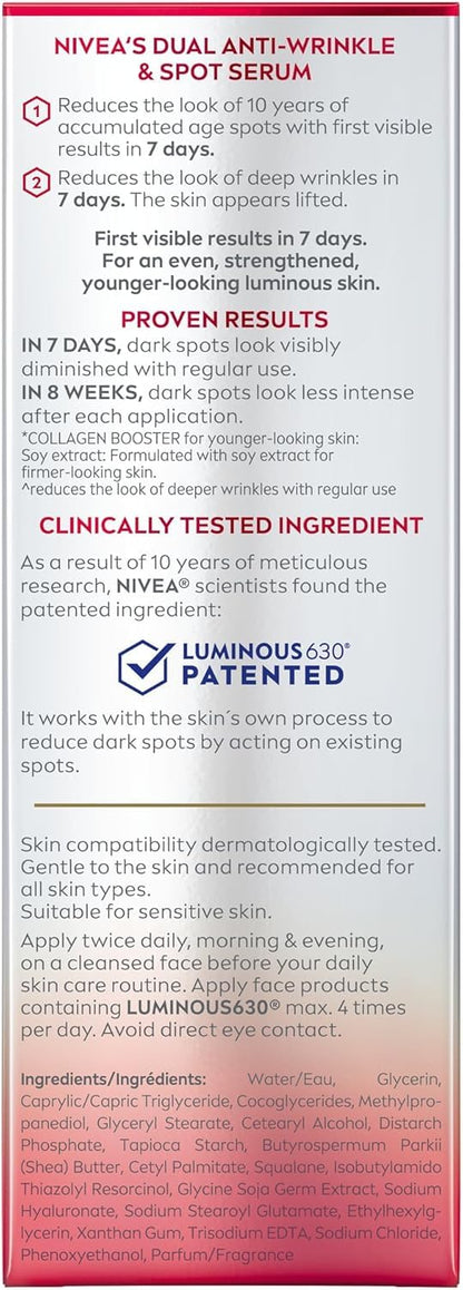 NIVEA LUMINOUS630 Anti-Wrinkle & Spot Face Serum, Hyaluronic Acid, 30mL 🍁 All In One Marketplace Canada NIVEA