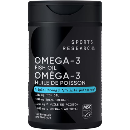 Sports Research® Triple Strength Omega 3 Fish Oil - Burpless Supplement w/EPA & DHA Fatty Acids from Wild Alaskan Pollock - Supports Cognitive Health & Brain Function for Men & Women - 1250mg, 180ct