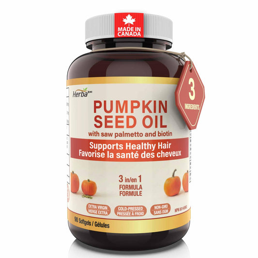 Herba Pumpkin Seed Oil Capsules for Hair - 90 Softgels | 3 in 1 with Saw Palmetto and Biotin | Cold Pressed, Extra Virgin, and Non GMO | Made in Canada - Available at All In One Marketplace Canada