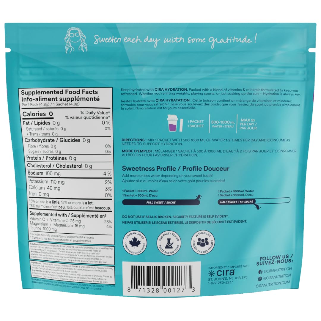 Cira Hydration Electrolytes Packets - Cira x Alicia McCarvell's Electrolyte Powder Sugar Free w Himalayan Salt, Daily On-the-Go Hydration Packets for Dehydration Relief - Very Grapeful, 20 Servings