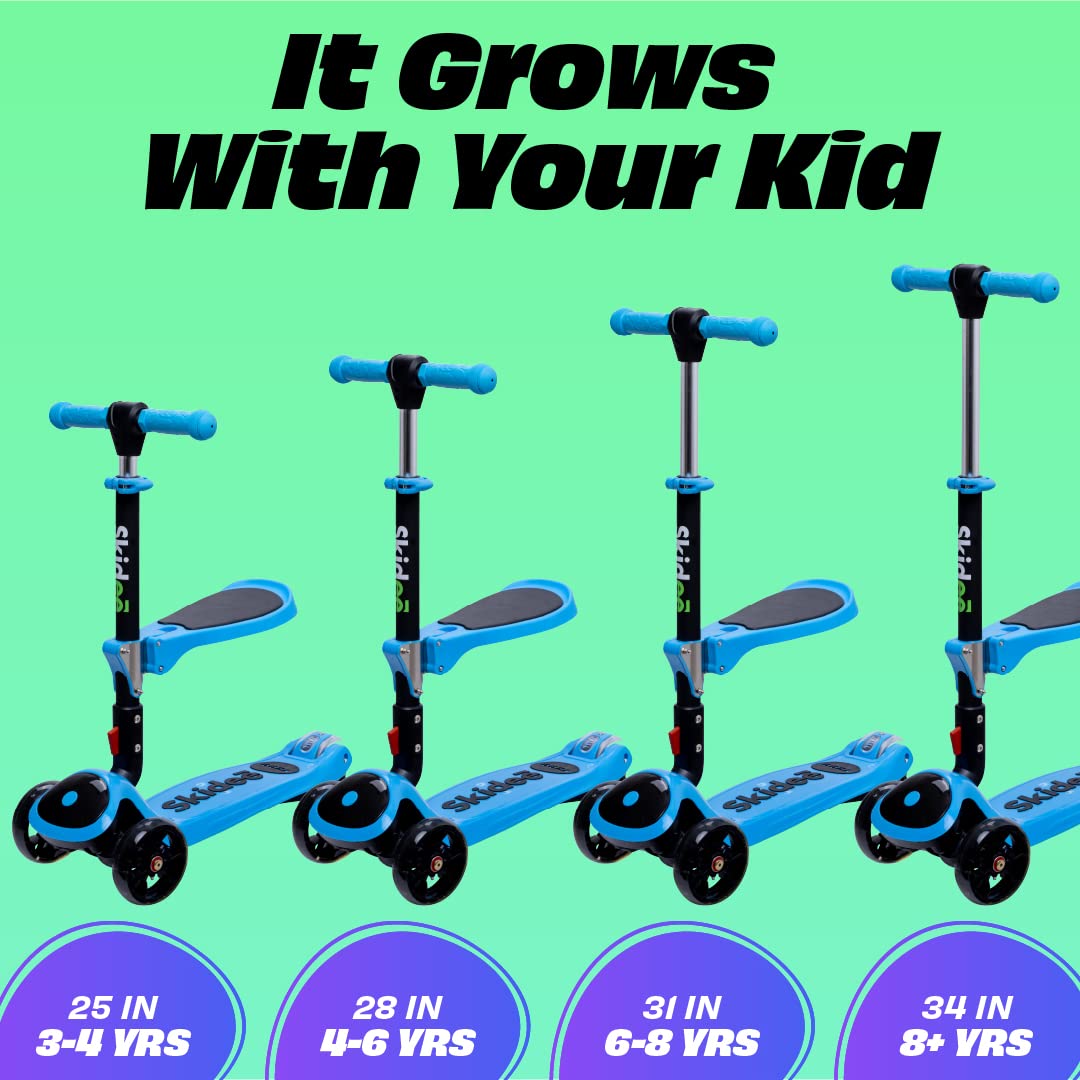 Kick Scooters for Kids Ages 3-5 (Suitable for 2-12 Year Old) Adjustable Height Foldable Scooter Removable Seat, 3 LED Light Wheels, Rear Brake, Wide Standing Board, Outdoor Activities for Boys/Girls SKIDEE