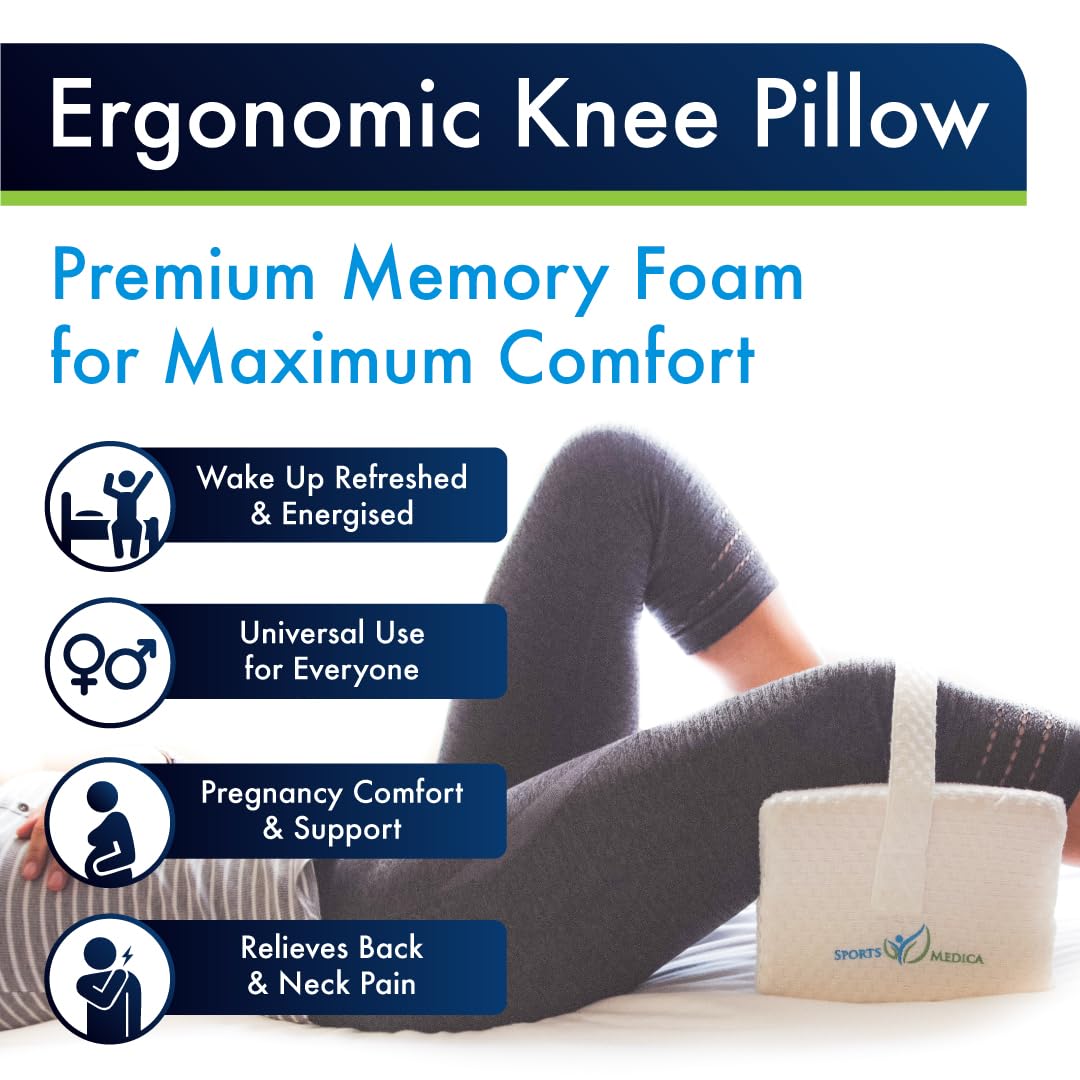 Sports Medica Doctor Developed Ergonomic Knee Pillow for Side Sleepers - eHandbook Included - Memory Foam Spine Alignment Leg Pillow for Sleeping on Side - Hip & Leg Elevation Pillow - Available at All In One Marketplace Canada