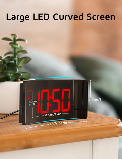 Projection Alarm Clock, Digital Clock with 180° Rotatable Projector, 3-Level Brightness Dimmer, Clear LED Display, USB Charger, Progressive Volume, 9mins Snooze,12/24H, Digital Alarm Clock for Bedroom