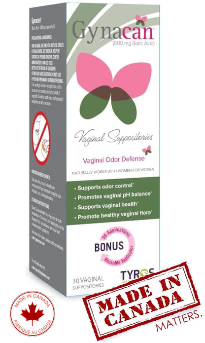 Gynacan – Boric Acid 600mg-Vaginal Capsules-Relieves Yeast Infections-pH Balanced Formula- Antibiotic-Free-with Applicator-30 Count-Made in Canada