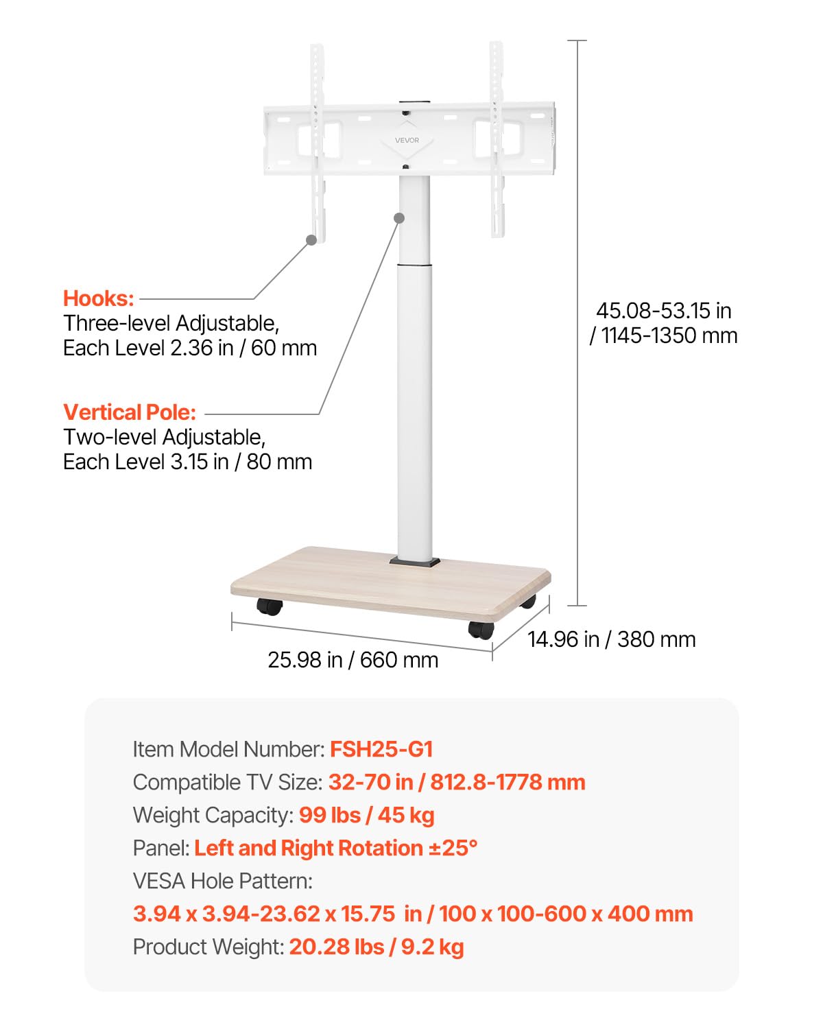 VEVOR Rolling TV Stand, Mobile TV Cart for 32-70 Inch Screens, 25° Left-Right Rotation and Height Adjustable TV Mount on Wheels, Holds up to 99 lbs for Corner, Bedroom, Outdoor, Max VESA 600x400mm VEVOR