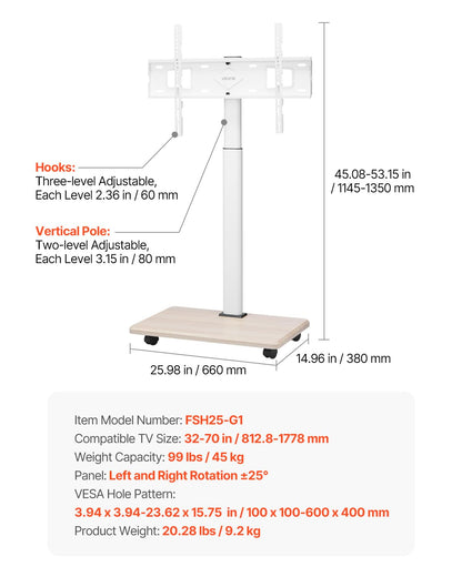 VEVOR Rolling TV Stand, Mobile TV Cart for 32-70 Inch Screens, 25° Left-Right Rotation and Height Adjustable TV Mount on Wheels, Holds up to 99 lbs for Corner, Bedroom, Outdoor, Max VESA 600x400mm VEVOR