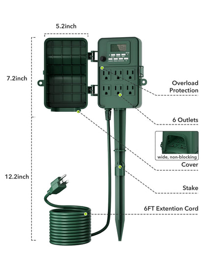 BN-LINK Outdoor Power Stake Timer, 6 Outlets, 8-Program Digital Timer 🍁 All In One Marketplace Canada