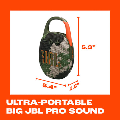 JBL Clip 5 - Ultra-Portable, Waterproof and Dustproof Bluetooth Speaker, Integrated Carabiner, Up to 12 Hours of Play, Made in Part with Recycled Materials (Squad)
