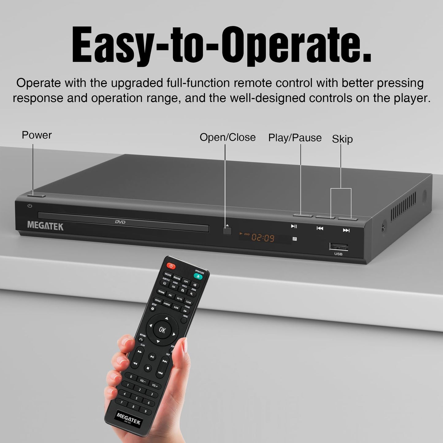 MEGATEK Region-Free HDMI DVD Player for TV, Compact CD/DVD Player with USB Port, Plays All Region DVDs & Multi Formats, Metal Housing, HDMI/RCA Cables & Remote Included