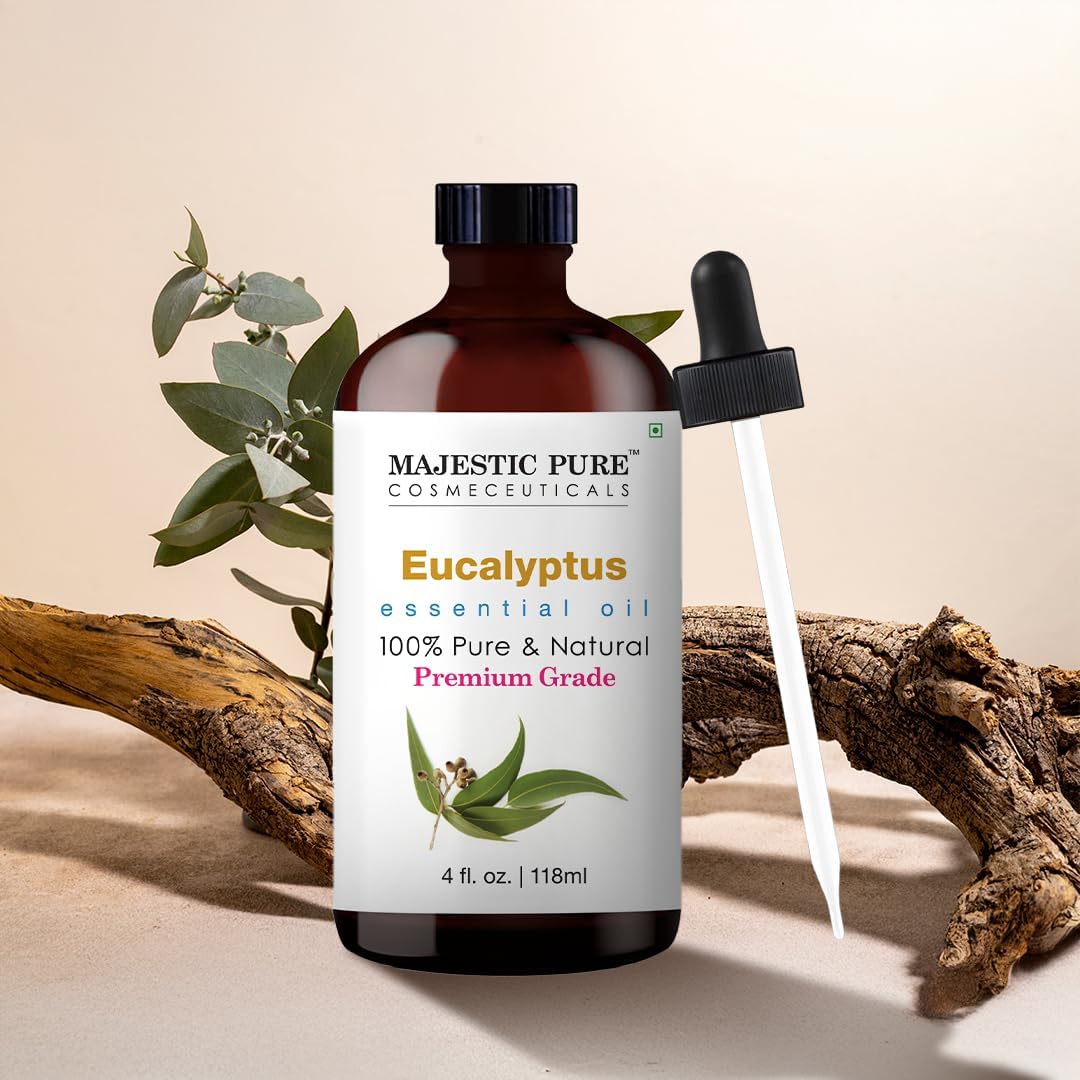 Majestic Pure Eucalyptus Essential Oil - Huge 118 ml - 100% Pure and Natural Oil for Soap Making Scent- Premium Grade with Glass Dropper