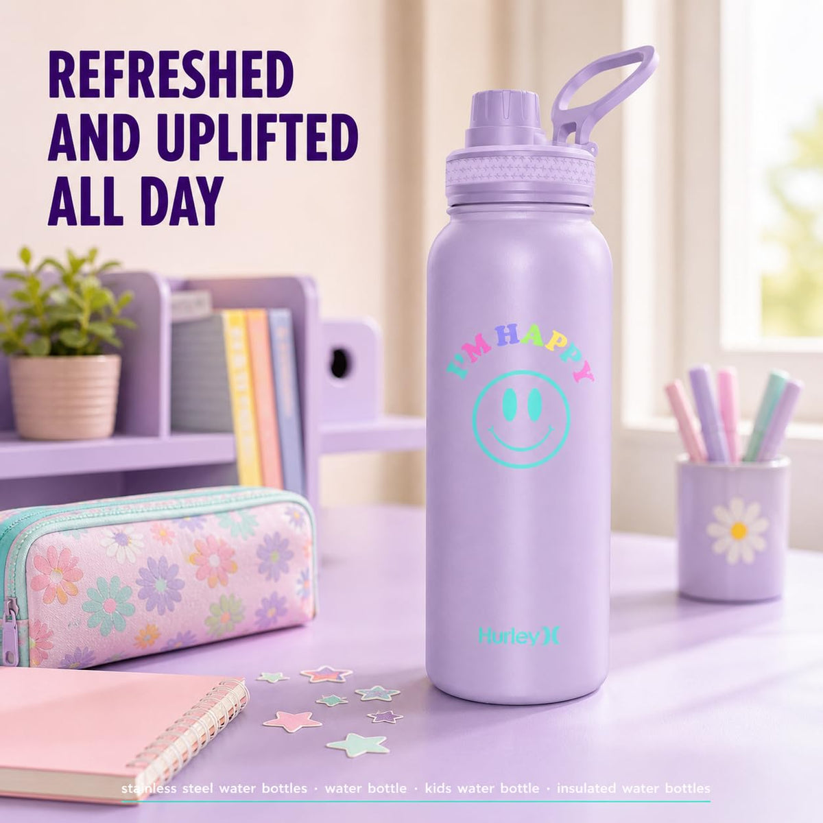 Hurley 32 Oz Reusable Water Bottle with Chug Cap Stainless Steel Sports Bottle "I'M HAPPY" Design with Handle on Lid, Purple