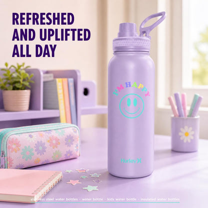 Hurley 32 Oz Reusable Water Bottle with Chug Cap Stainless Steel Sports Bottle "I'M HAPPY" Design with Handle on Lid, Purple