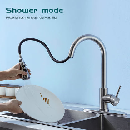 HUAAKE Kitchen Faucet with Pull Down Sprayer, Multi-Function Stainless Steel Single Handle High Arc Kitchen Sink Faucet, 360° Swivel Modern Commercial Kitchen tap with Deck Plate