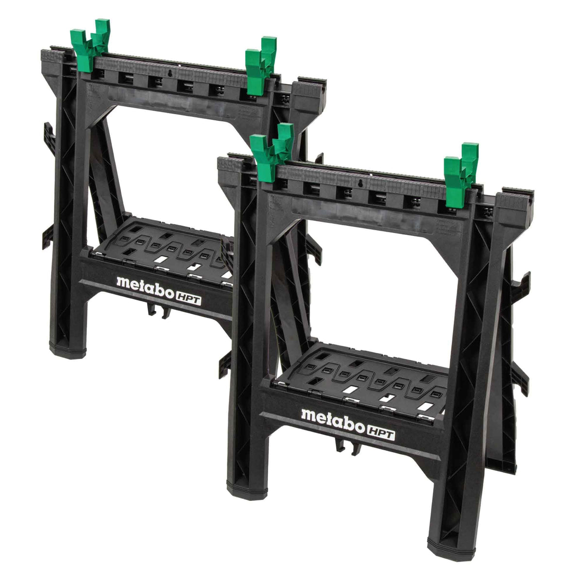 Metabo HPT Folding Sawhorses, 2-Pack, Lightweight Design, 1,200 lbs Capacity, Includes 4 Sawbucks, Ideal for Extra Workstations, Non-Skid Feet for Stability, Built-in Shelf and Cord Hooks, 115772M
