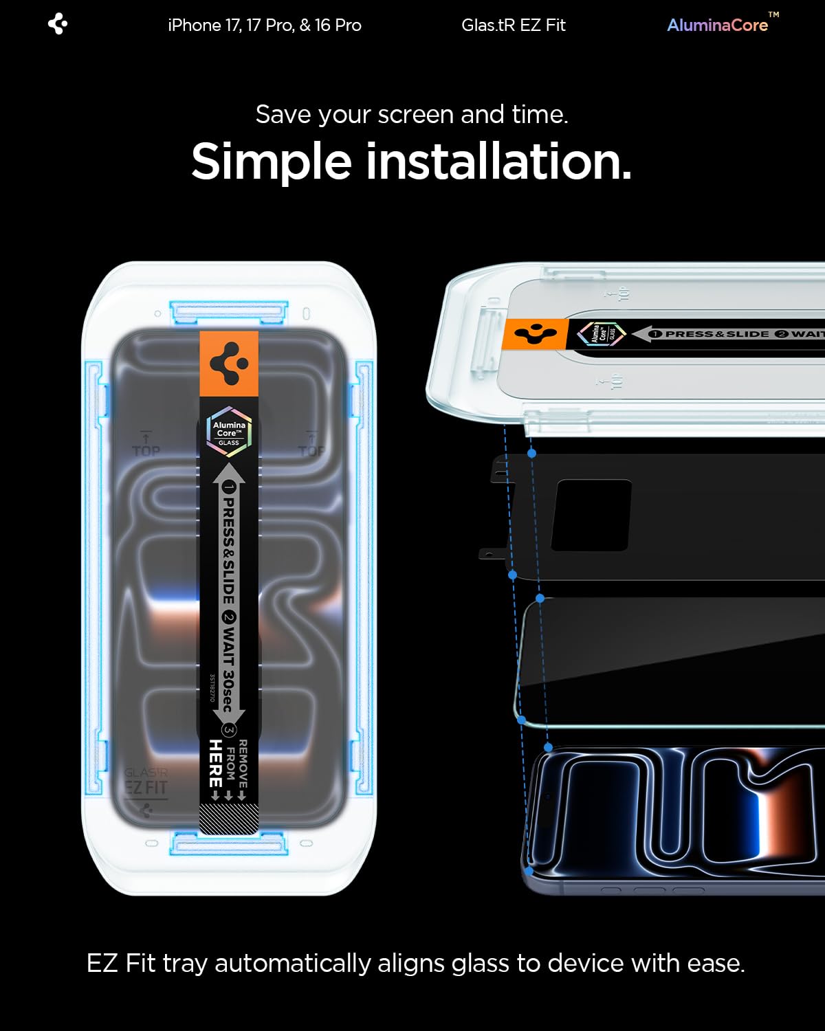 Spigen AluminaCore Tempered Glass Screen Protector [Glas.tR EZ Fit] designed for iPhone 17 Pro | iPhone 17 | iPhone 16 Pro [2 Pack] 9H+ Hardness, Aluminum-Enhanced Durability - Available at All In One Marketplace Canada
