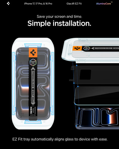 Spigen AluminaCore Tempered Glass Screen Protector [Glas.tR EZ Fit] designed for iPhone 17 Pro | iPhone 17 | iPhone 16 Pro [2 Pack] 9H+ Hardness, Aluminum-Enhanced Durability - Available at All In One Marketplace Canada