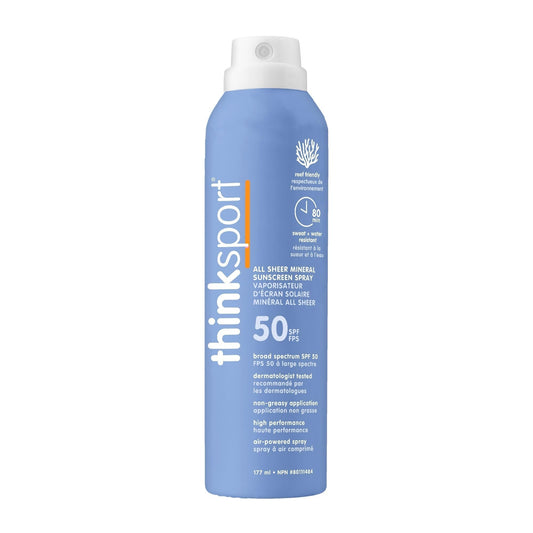 Thinksport SPF 50 All Sheer Mineral Sunscreen Spray – Air Powered, Waterproof Sport Sunscreen Spray – Safe, Natural Zinc Oxide Sun Protection, 6 Fl oz - Available at All In One Marketplace Canada
