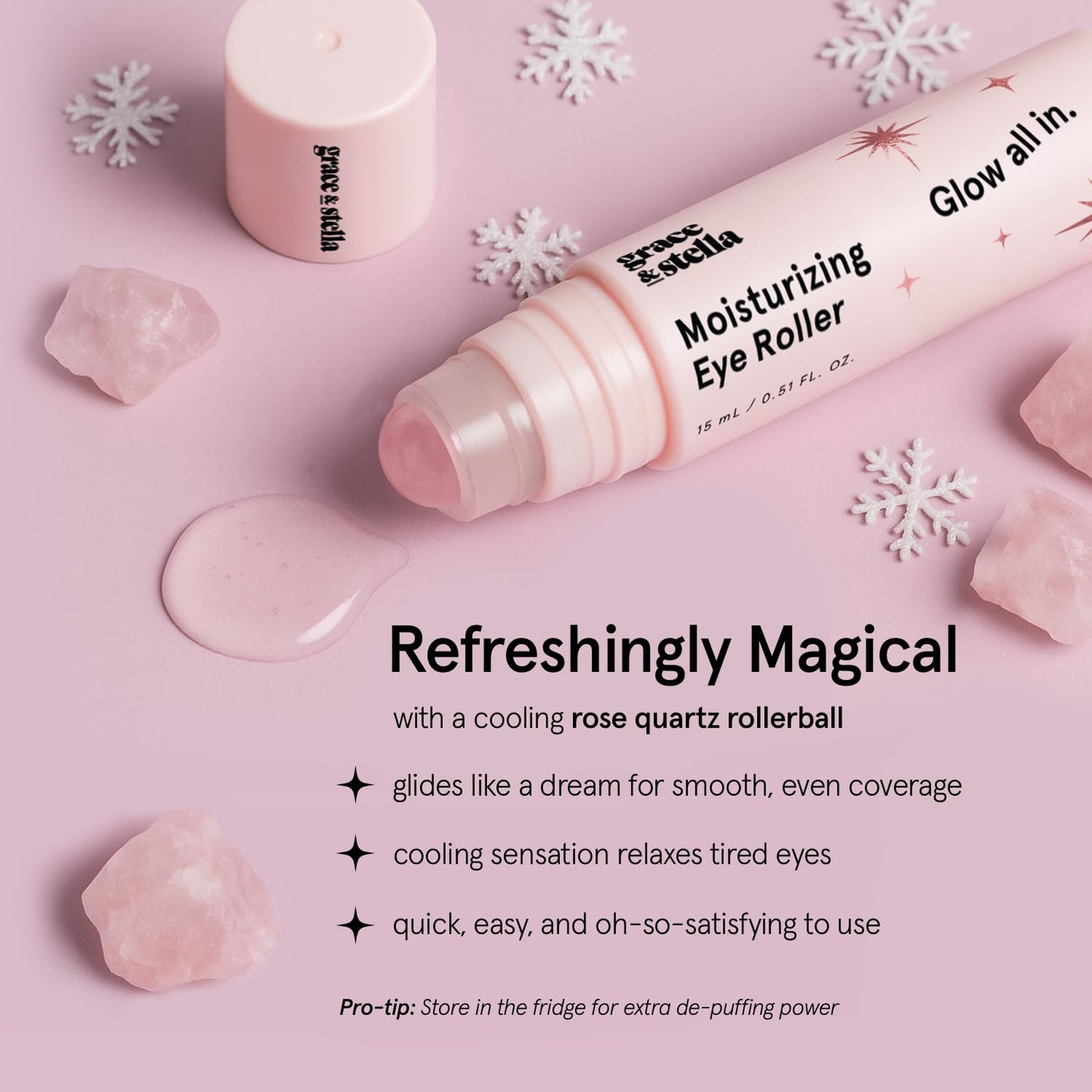 grace & stella Eye Serum Roller with Rose Quartz Rollerball - Hyaluronic Acid & Caffeine Under Eye Cream for Dark Circles & Puffiness - Airplane Travel Essentials - Vegan Skincare (15ml / 0.51floz)