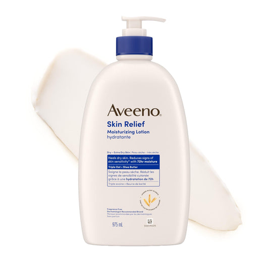 Aveeno Skin Relief Moisturizing Body Lotion Heals Very Dry, Sensitive Skin, fast absorbing Lotion with Soothing Triple Oat & Shea Butter Formula, Fragrance Free Lotion, Non-Comedogenic, 975mL