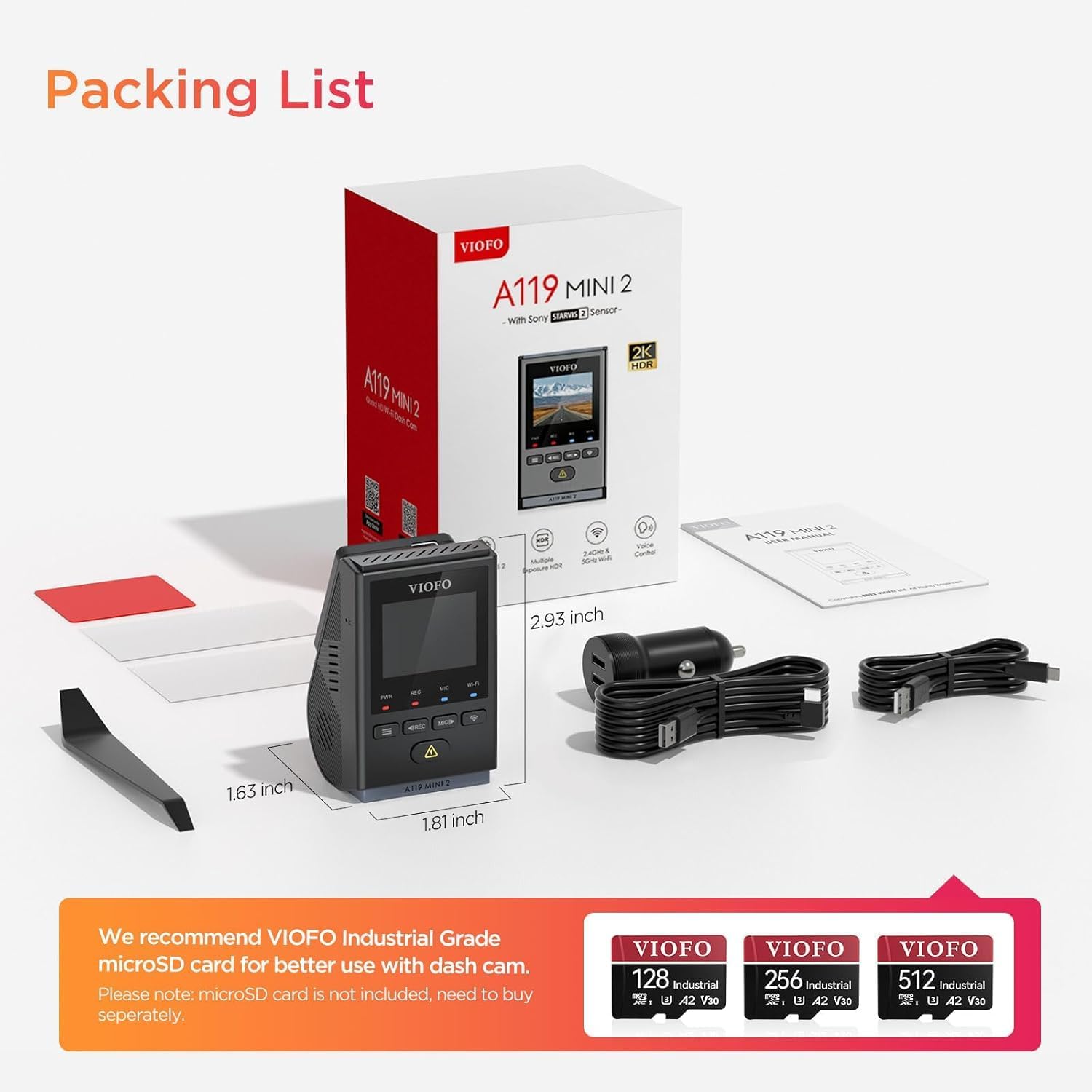 VIOFO Dash Cam Front A119 Mini 2, STARVIS 2 Sensor, 2K 60fps/HDR 30fps Voice Control Car Dash Camera with 5GHz Wi-Fi GPS, Night Vision 2.0, 24H Parking Mode, Supercapacitor (SD Card Not Included) - Available at All In One Marketplace Canada