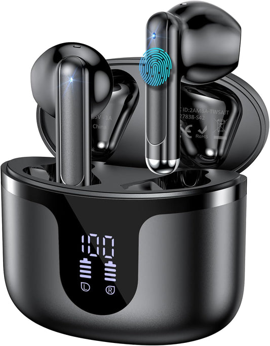Wireless Earbuds, Bluetooth 5.4 in-Ear Headphones Wireless Bluetooth with ENC 4 Mics, Bluetooth Earbuds 50 Hour Noise-Cancelling Ear Buds with LED Indicator, IPX7 Waterproof for Sports/Work Black