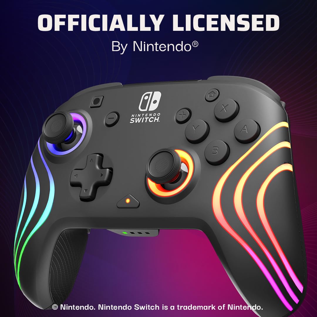 PDP Afterglow Wave Wireless RGB Gaming Controller - Nintendo Switch/Switch Lite/Switch - OLED Model, Nintendo Switch 2, LED Lighting, Rechargeable Battery - Black