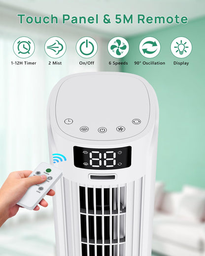 Portable Air Conditioner, 800ML Water Tank, 6 Speeds & 2 Cool Mist, 3 IN 1 Air Cooler, 90° Auto Oscillation, 12H Timer, 5M Remote Control, Quiet Cooling Tower Fan Air Conditioner for Room Office - Available at All In One Marketplace Canada