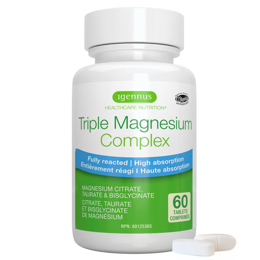 Igennus Superior Triple Magnesium Complex, 262mg Body-Ready Elemental Magnesium, Taurate, Glycinate & Citrate, High Absorption, Fully Reacted & Chelated, Clean Label, Non-Buffered, 60 Vegan Tablets - Available at All In One Marketplace Canada