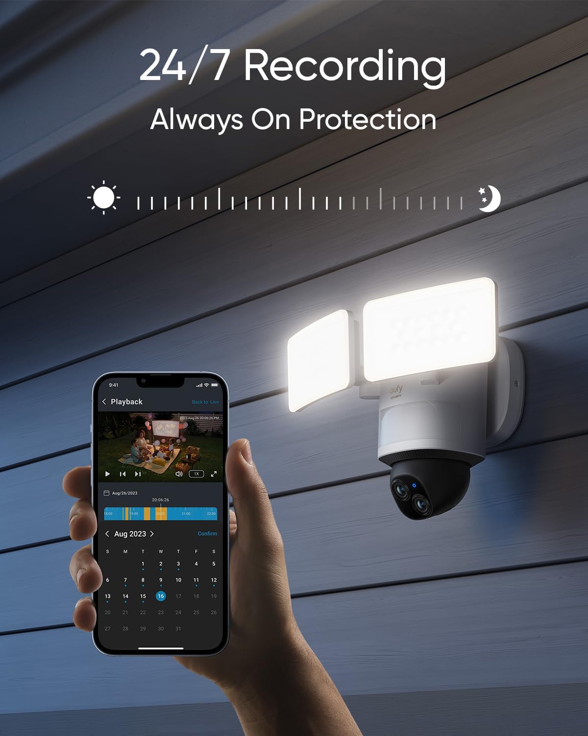 eufy Security Floodlight Camera E340 Wired, 360° Pan and Tilt, 24/7 Recording, Dual-Band Wi-Fi, 2,000 Lumens, Motion-Activated, Dual Camera, HomeBase 3 Compatible, Local Storage, No Monthly Fee - Available at All In One Marketplace Canada