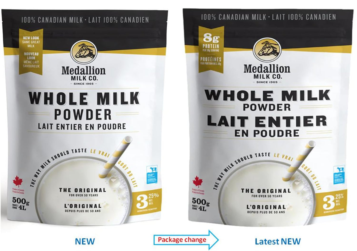 Medallion Brand Whole Milk Powder 500g - Dried Milk from Canada, Free of Antibiotics, No rbST or rBGH