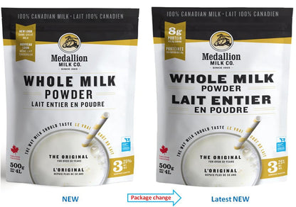 Medallion Brand Whole Milk Powder 500g - Dried Milk from Canada, Free of Antibiotics, No rbST or rBGH