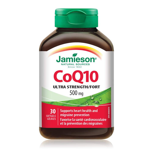 Jamieson CoQ10 500 mg, Coenzyme Q10, Ultra Strength, Supports Heart Health, and Helps Prevent Migraines. Non-GMO, Gluten-Free, 30 Softgels, Proudly Canadian - Available at All In One Marketplace Canada
