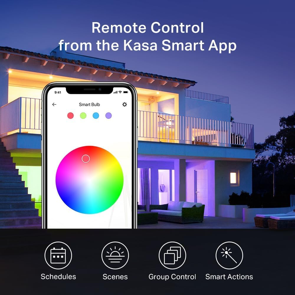 Kasa Smart Light Bulbs, Full Colour Changing Dimmable Smart WiFi Bulbs Compatible with Alexa and Google Home, A19, 9W 800 Lumens,2.4Ghz only, No Hub Required, 4-Pack (KL125P4), Multicolour Kasa Smart