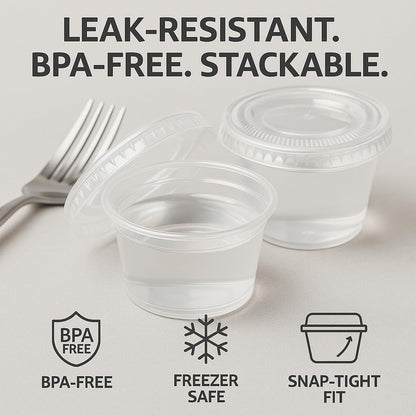 1 oz Portion Cups with Lids, 200 Sets Disposable Souffle Cups, Leak-Proof Jello Shot Cups, Clear Condiment Containers for Sauce, Dressing & Food Storage, Freezer Safe