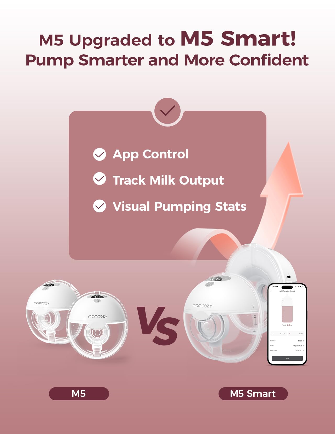 Momcozy M5 Smart App Control Hands Free Breast Pump, Double Wearable Breast Pump of Baby Mouth Double-Sealed Flange with 3 Modes & 9 Levels, Electric Pump Portable - 24mm, 2 Pack, Cozy Red