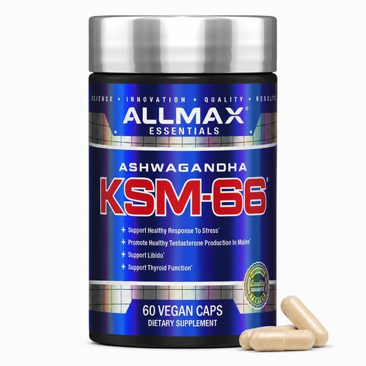 ALLMAX Ashwagandha KSM-66 Capsules - Full Spectrum Root Extract Supplement - Muscle Strength & Recovery, Stress Relief - 60 Veggie Caps, 30 Servings, Non-GMO, Gluten Free - Available at All In One Marketplace Canada