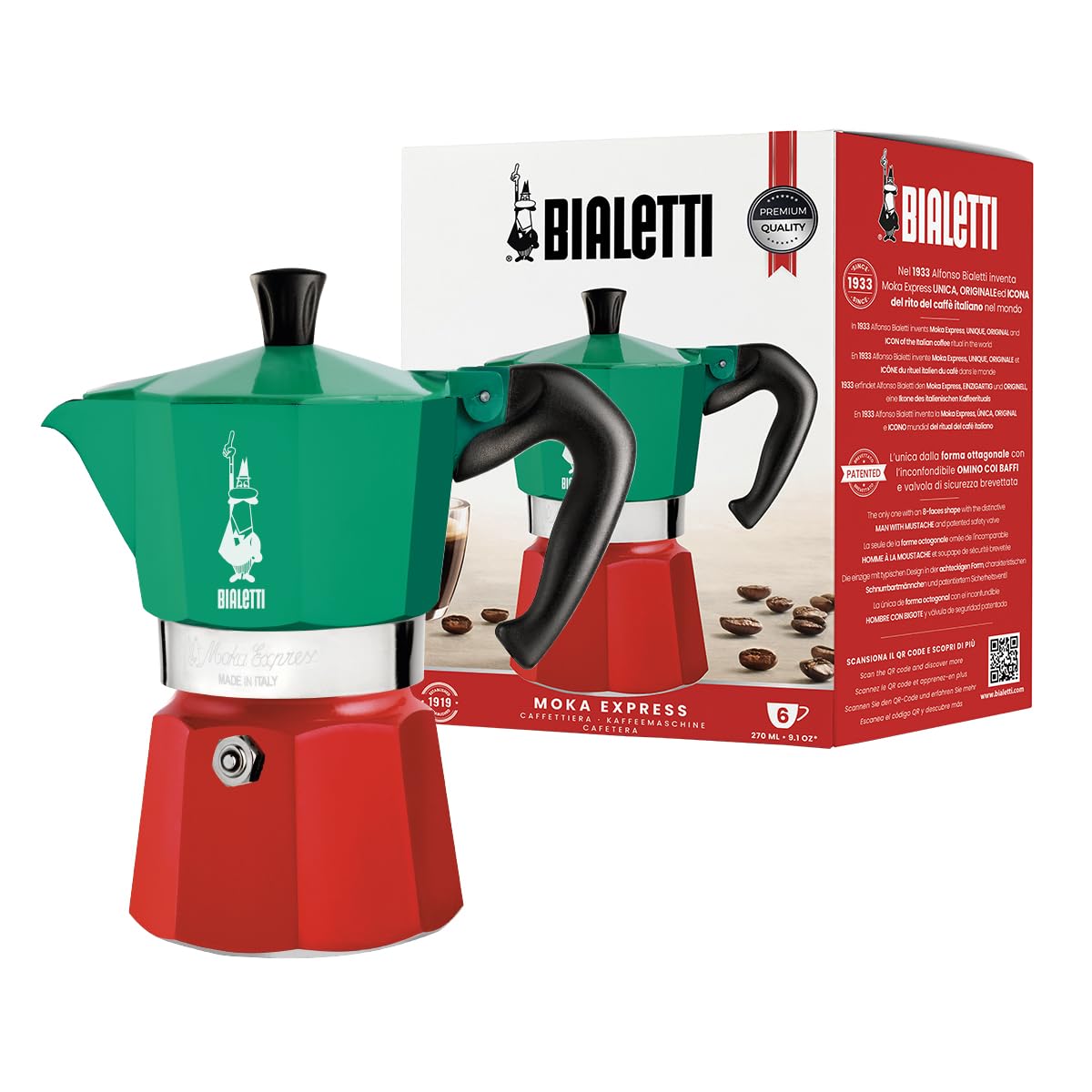 Bialetti Moka Express 6-Cup Aluminum Stovetop Espresso Maker, Tricolore - Available at All In One Marketplace Canada