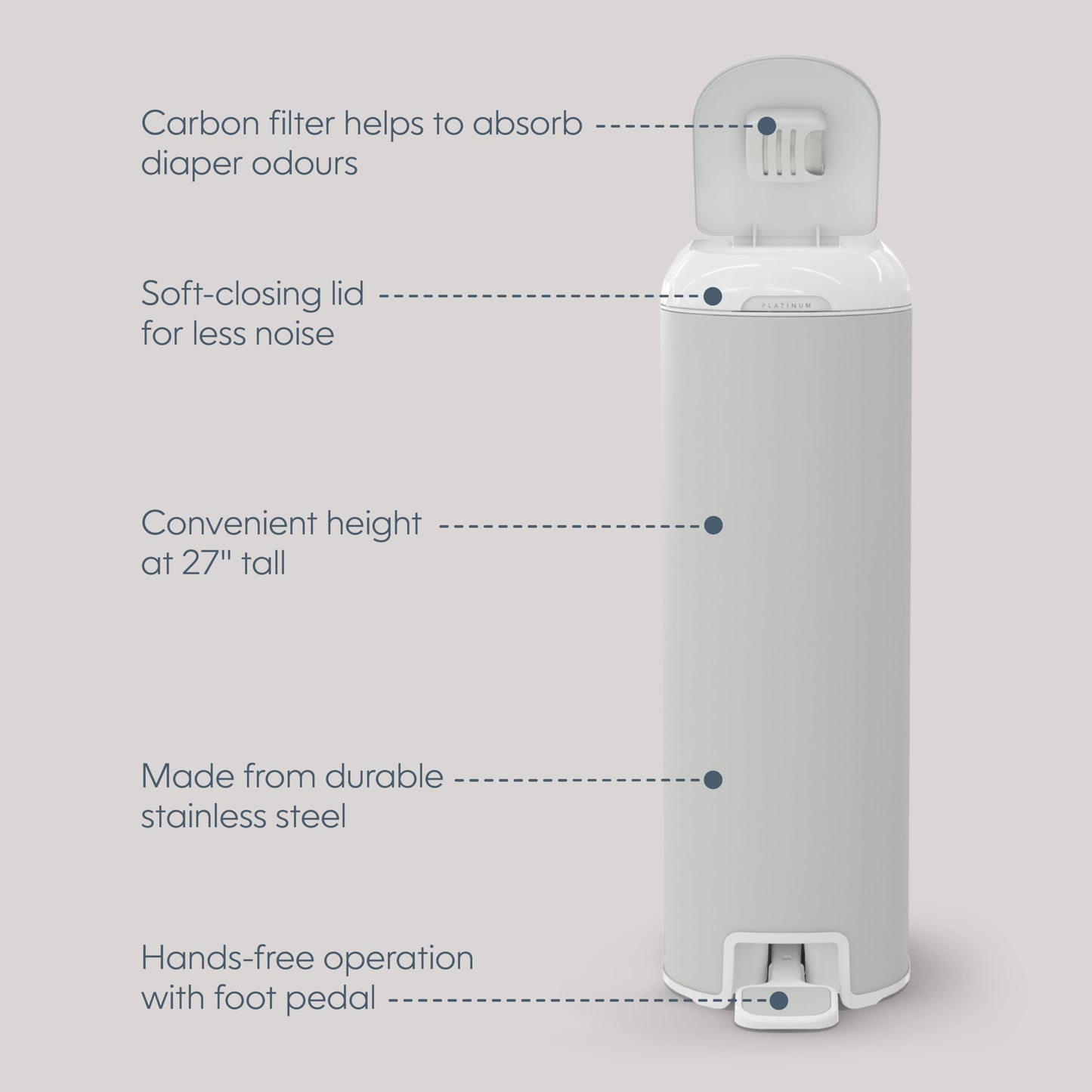 Diaper Genie Platinum Diaper Pail, Stone Grey - Made in Durable Stainless Steel and Includes 1 Easy Roll Refill with 18 Bags - Available at All In One Marketplace Canada
