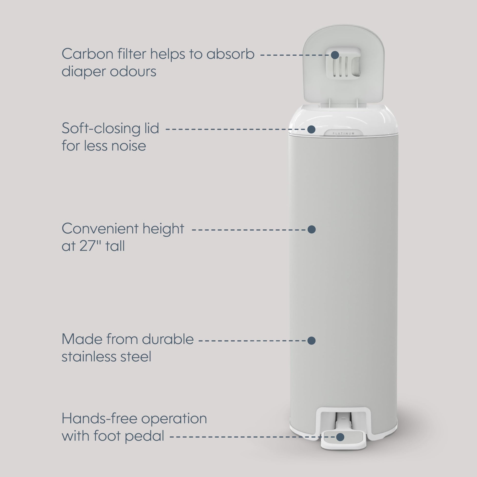 Diaper Genie Platinum Diaper Pail, Stone Grey - Made in Durable Stainless Steel and Includes 1 Easy Roll Refill with 18 Bags - Available at All In One Marketplace Canada