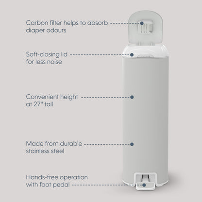 Diaper Genie Platinum Diaper Pail, Stone Grey - Made in Durable Stainless Steel and Includes 1 Easy Roll Refill with 18 Bags - Available at All In One Marketplace Canada