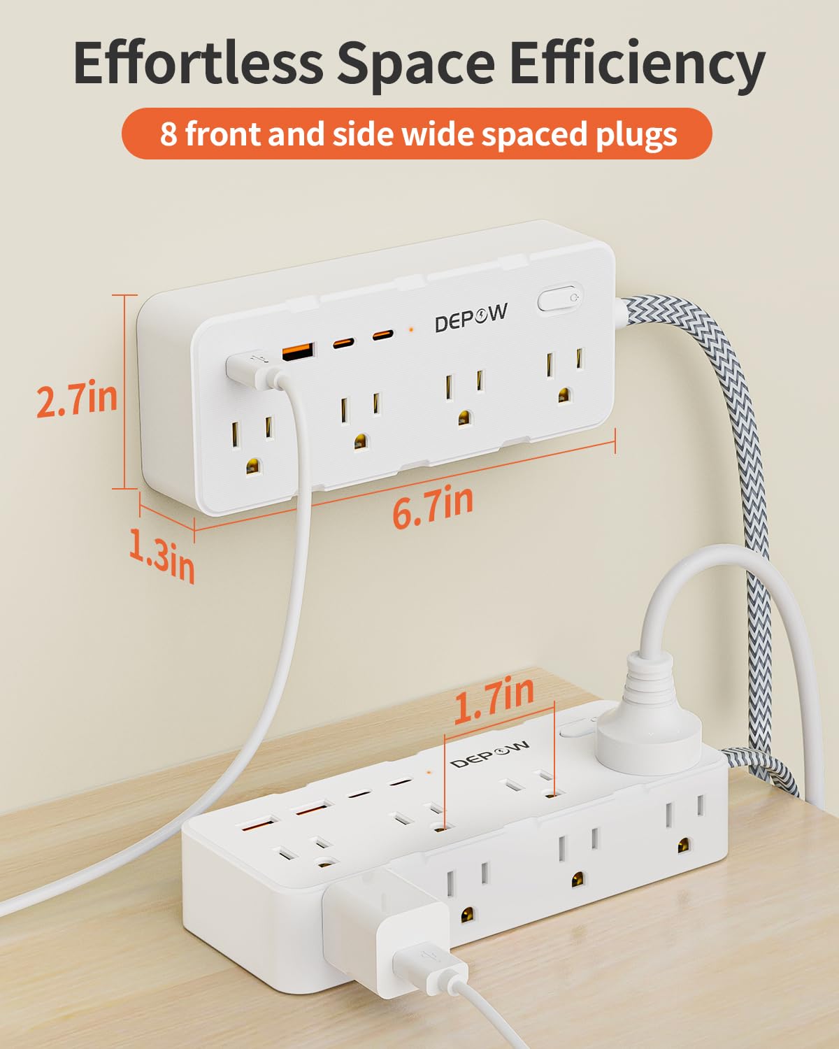 DEPOW Power Bar Surge Protector with 5FT Braided Flat Extension Cord, Wall Mount Charging Station with 8 Outlets 4 USB Ports(2 USB C), Ultra Thin Flat Plug for Home Office, Dorm, Hotel, Travel - Available at All In One Marketplace Canada